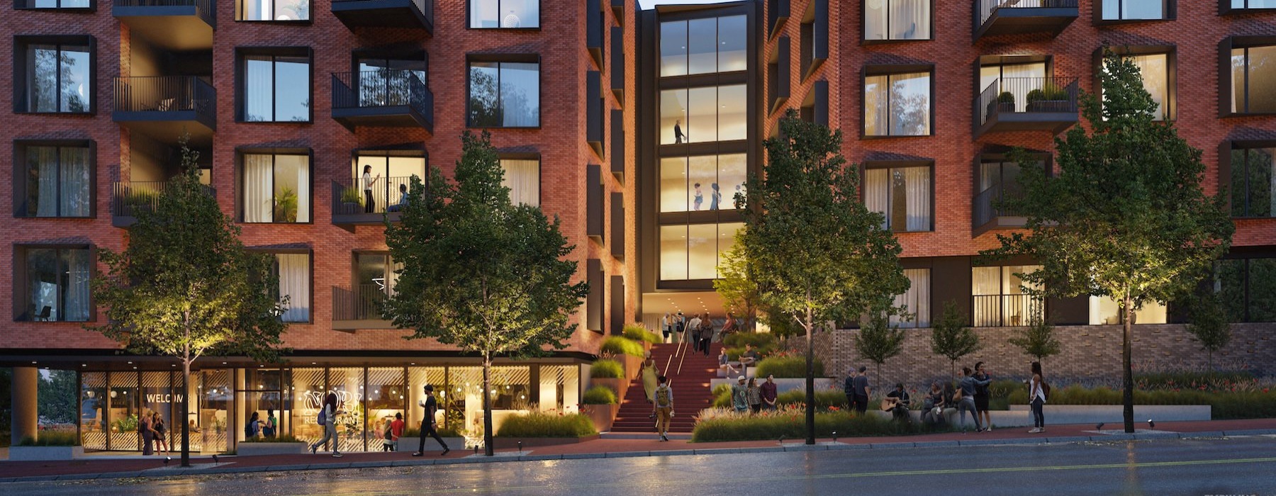 a large building with trees in front of it