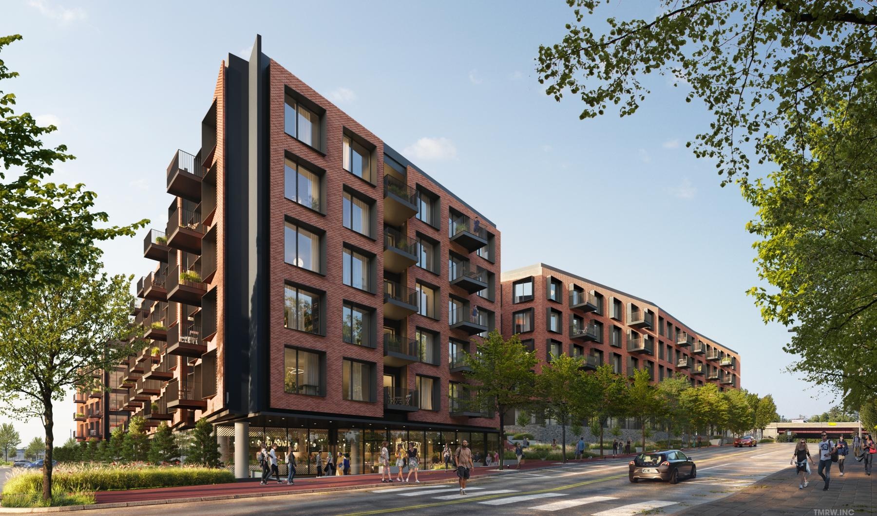 a large building with a street in front of it