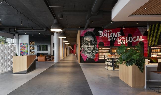 a large room with a sign