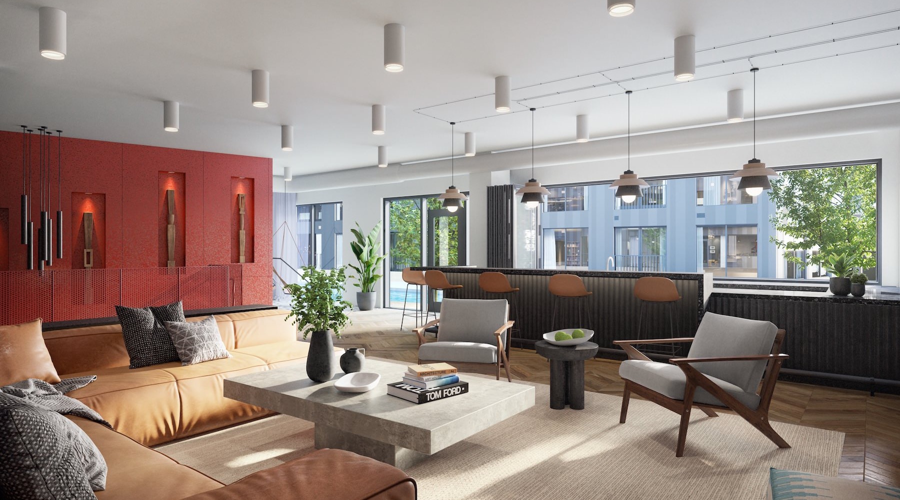 lounge with seating and a red wall