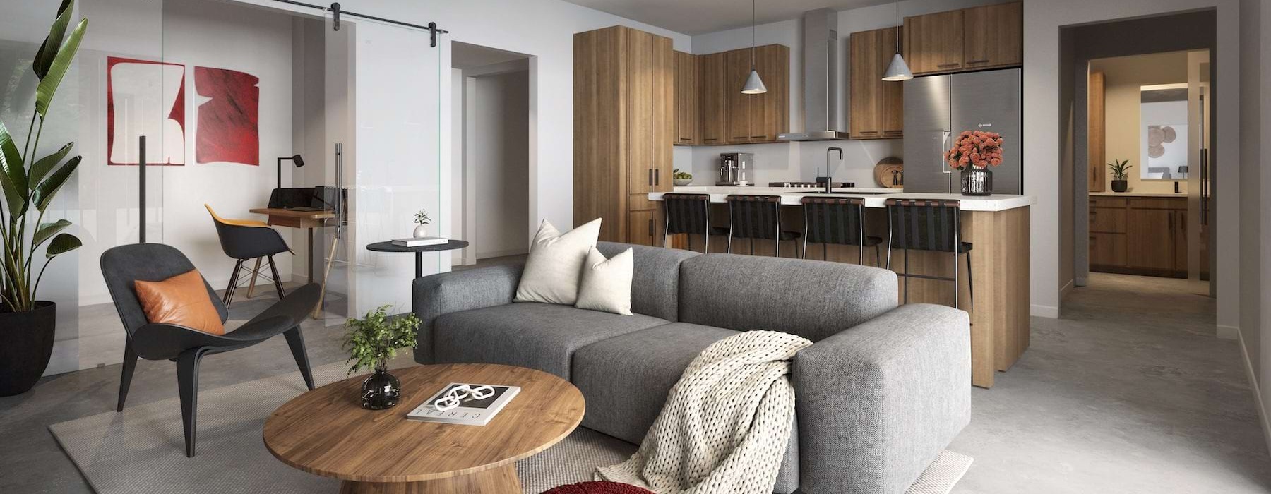 a living room with a couch and a table