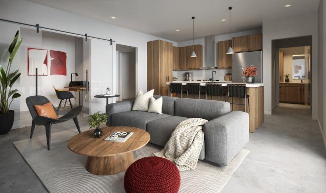 a living room with a couch and a table