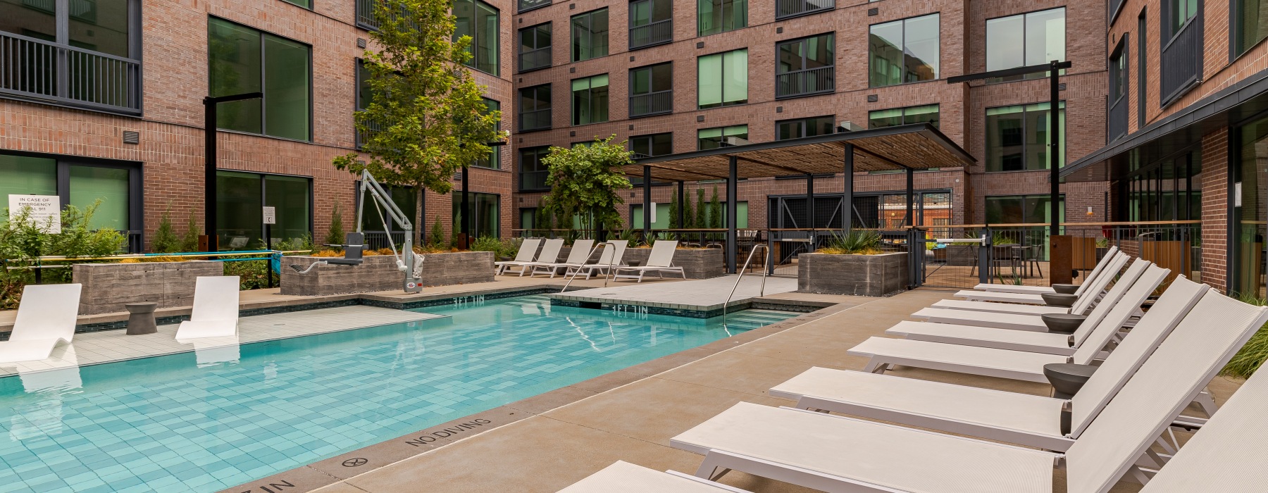 Lounge chairs and pool 